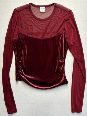 Wild Fable Burgundy Mesh Velvet Long Sleeve Top Women’s Medium Trendy Night Out